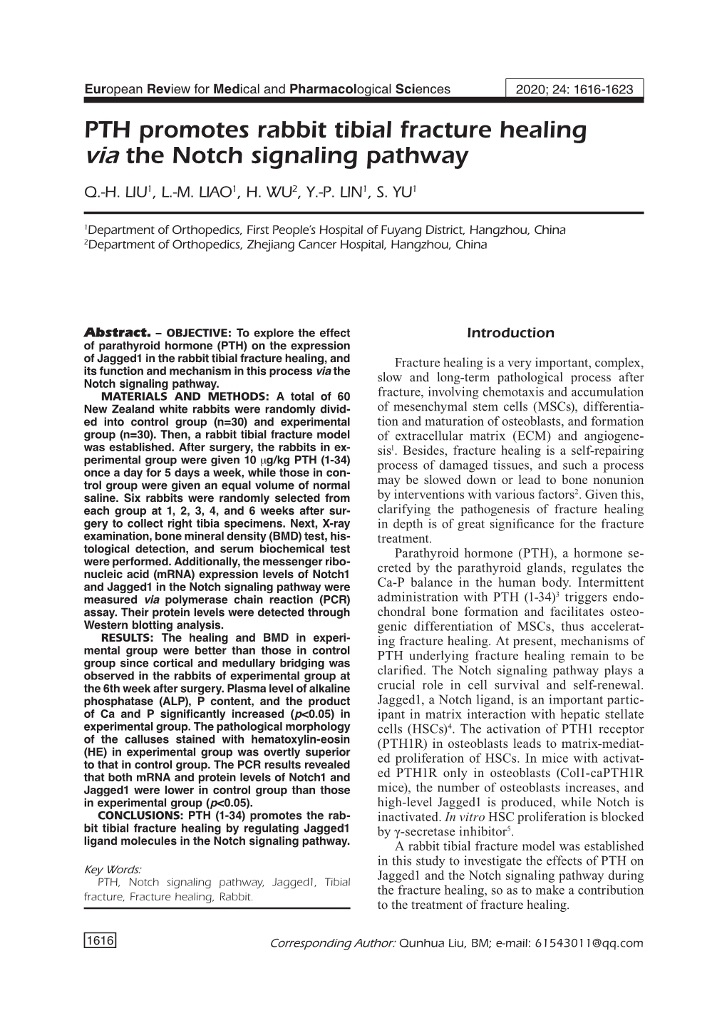 PTH Promotes Rabbit Tibial Fracture Healing Via the Notch Signaling Pathway Q.-H