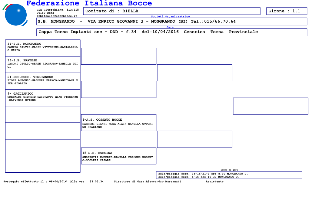 Federazione Italiana Bocce Via Vitorchiano, 113/115 00189 Roma Comitato Di : BIELLA Girone : 1.1 Arbitrale@Federbocce.It Società Organizzatrice S.B