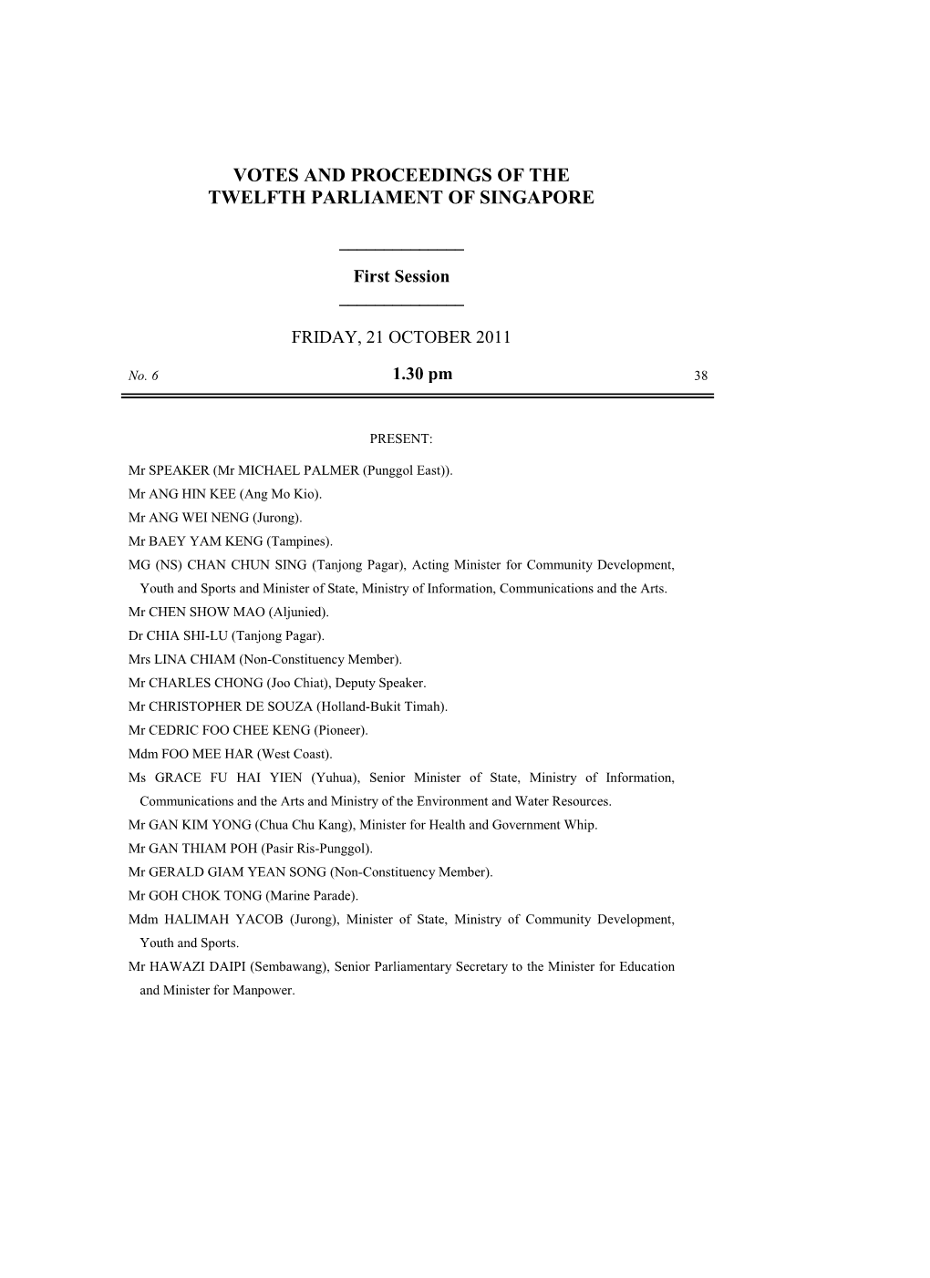 Votes and Proceedings of the Twelfth Parliament of Singapore