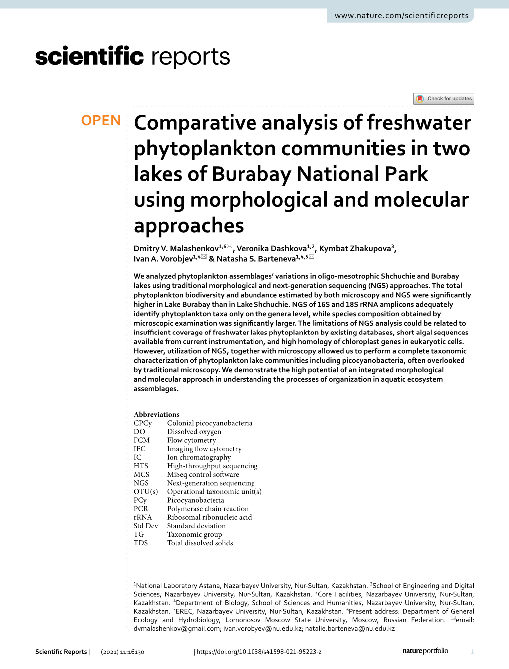 Comparative Analysis of Freshwater Phytoplankton Communities in Two Lakes of Burabay National Park Using Morphological and Molecular Approaches Dmitry V