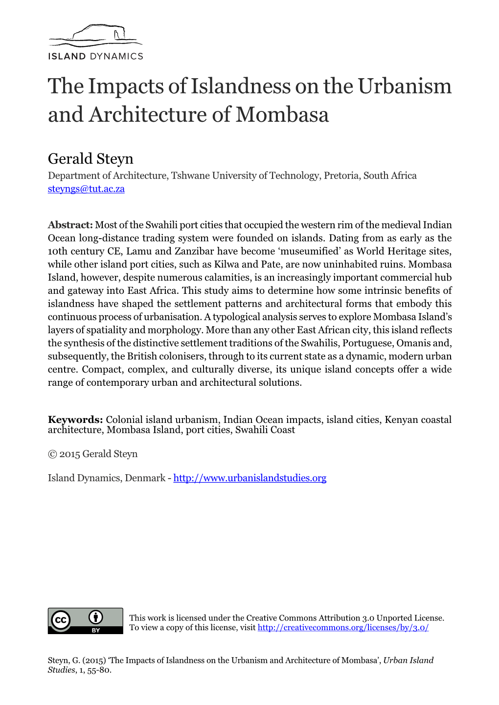 The Impacts of Islandness on the Urbanism and Architecture of Mombasa