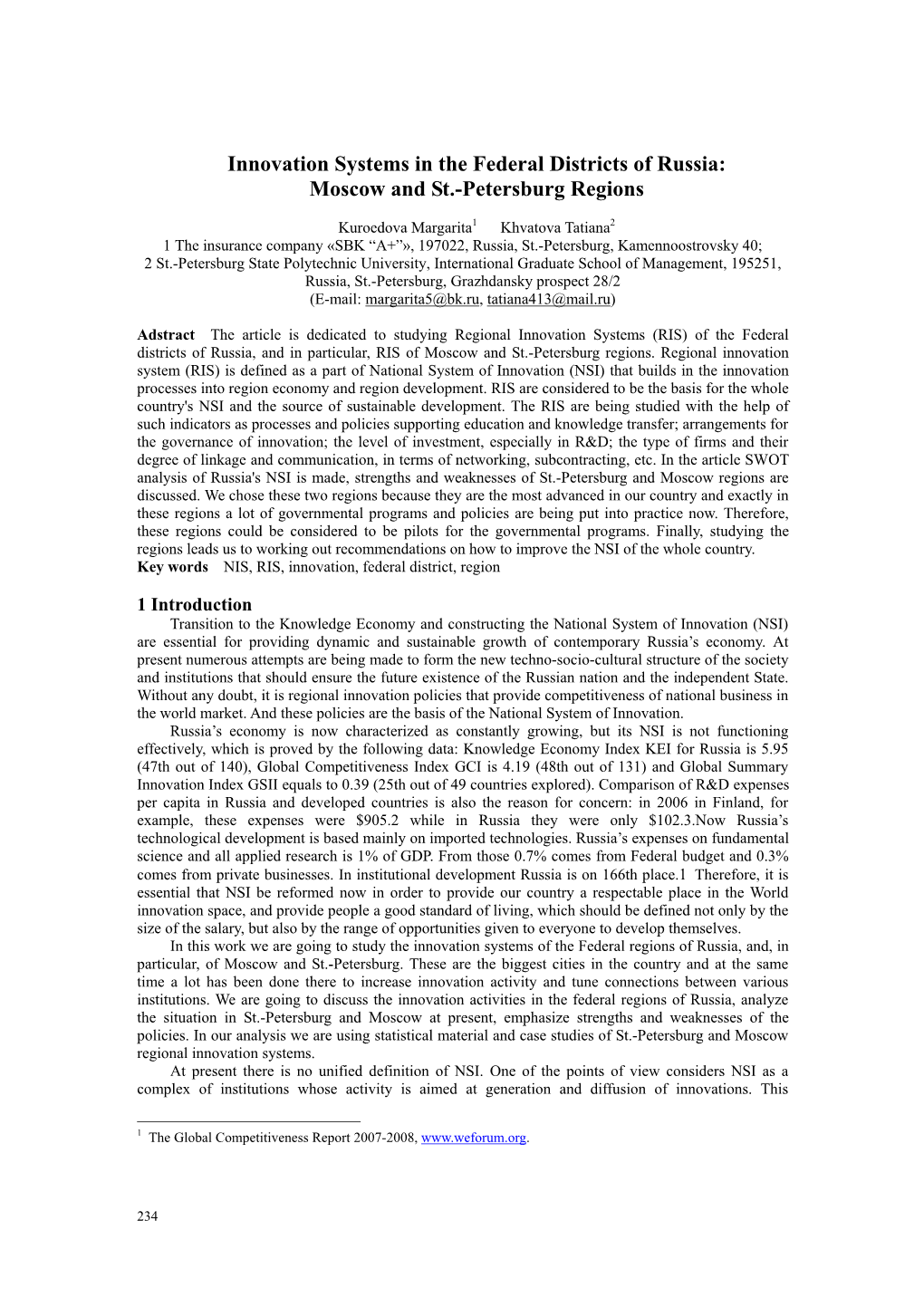 Innovation Systems in the Federal Districts of Russia: Moscow and St.-Petersburg Regions