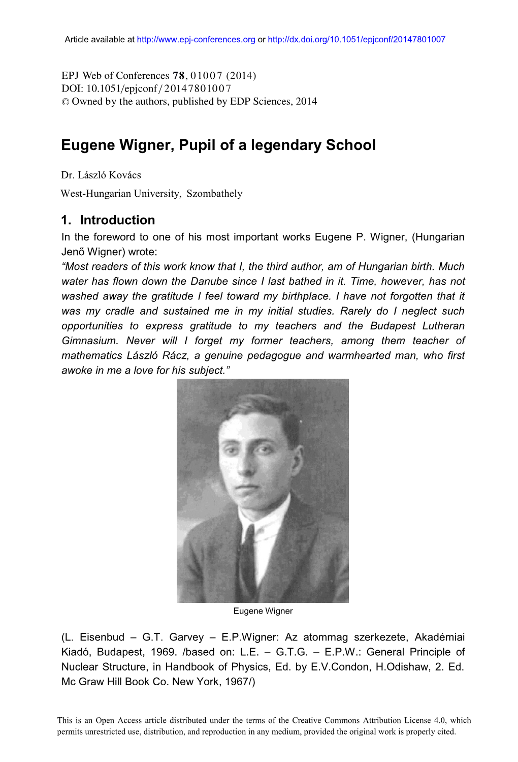 Eugene Wigner, Pupil of a Legendary School