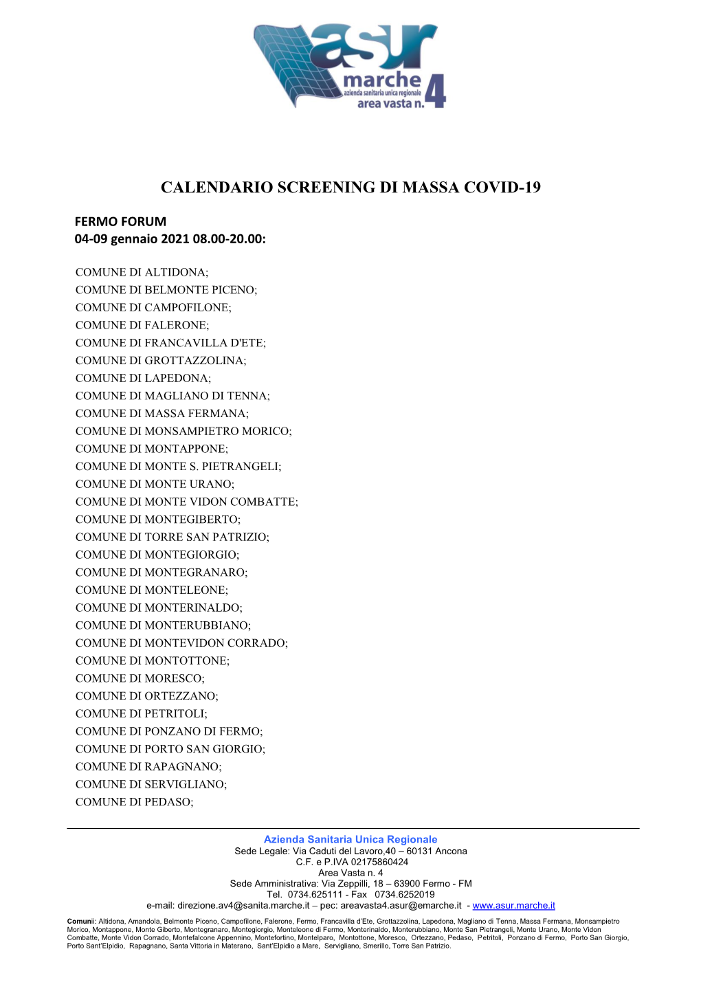 Calendario Screening Di Massa Covid-19