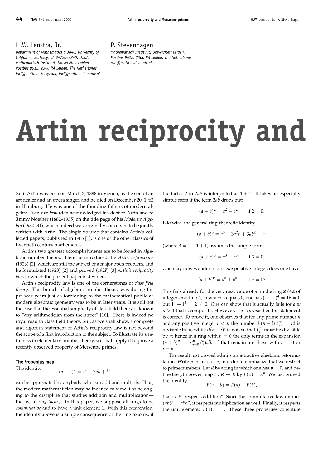 Artin Reciprocity and Mersenne Primes H.W