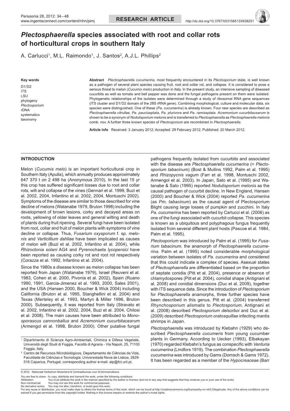 Plectosphaerella Species Associated with Root and Collar Rots of Horticultural Crops in Southern Italy