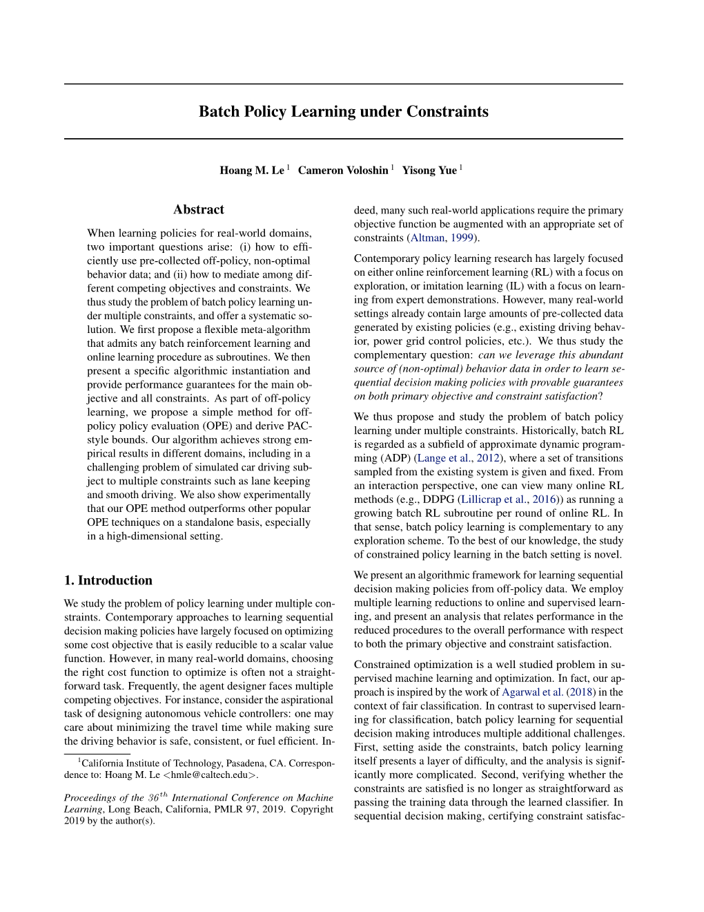 Batch Policy Learning Under Constraints