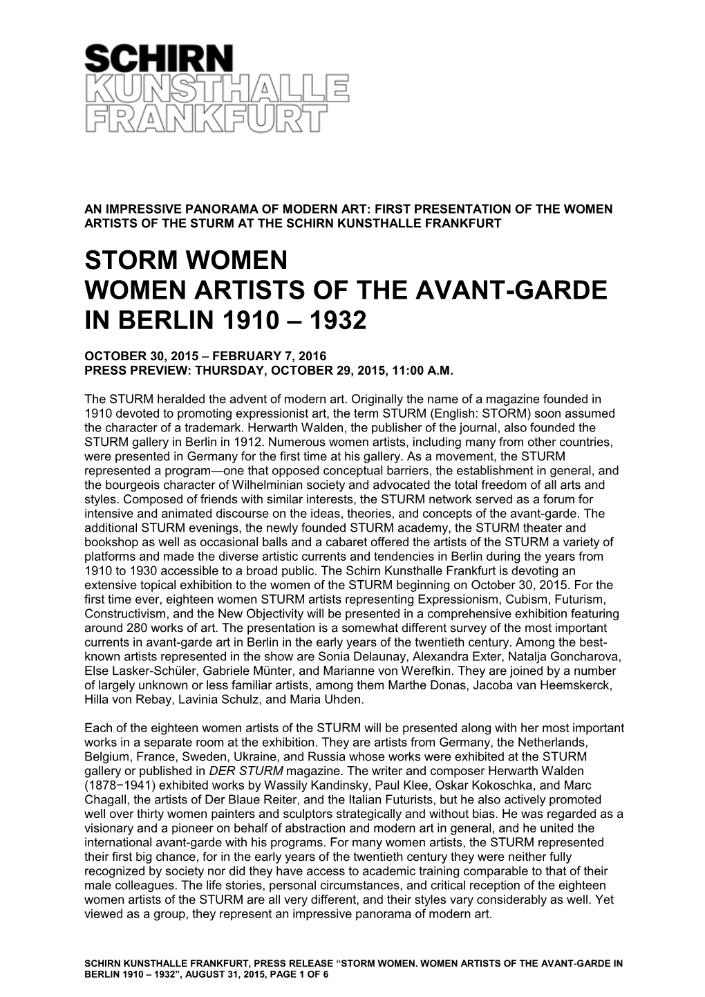 Storm Women Women Artists of the Avant-Garde in Berlin 1910 – 1932
