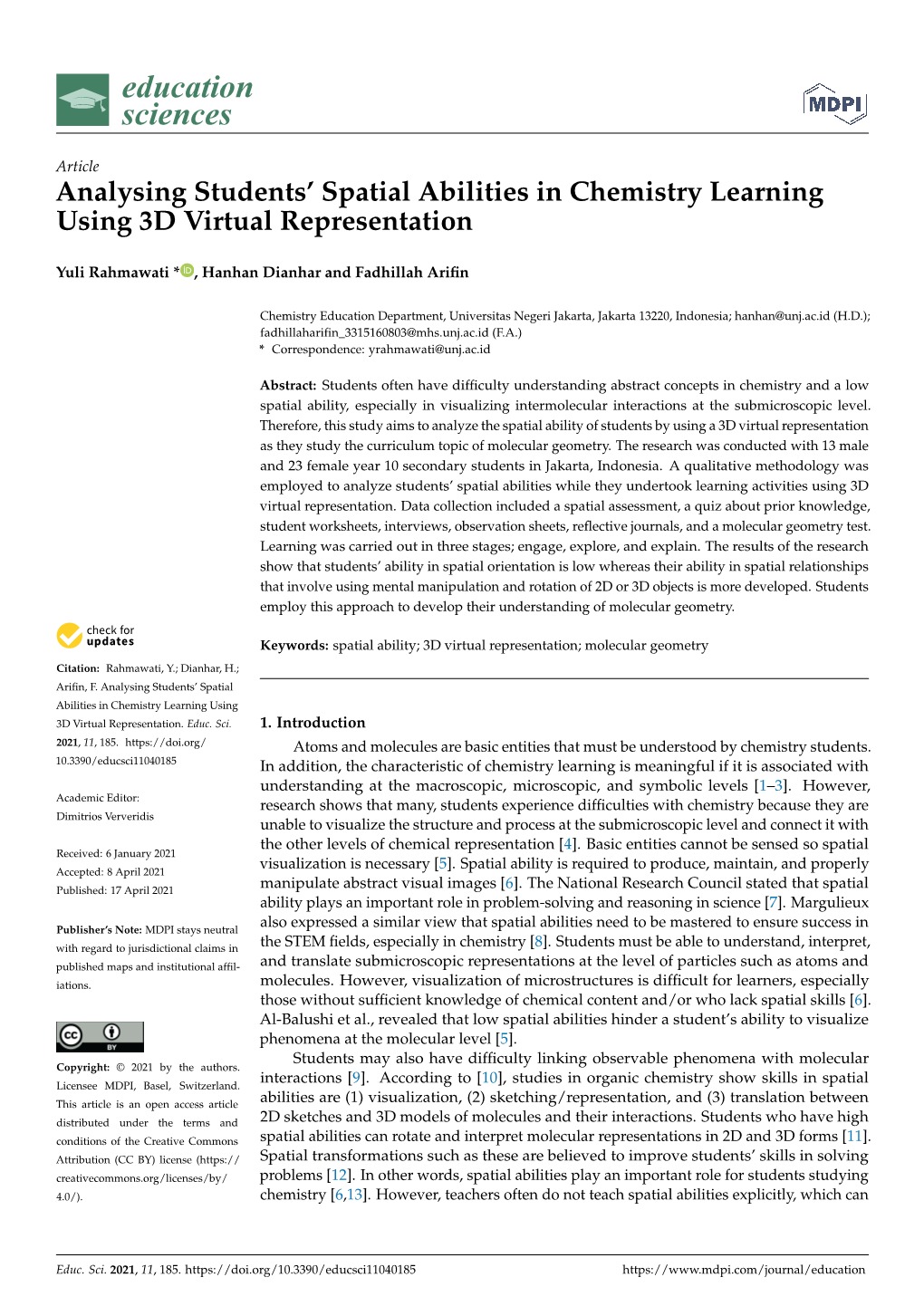 Analysing Students' Spatial Abilities in Chemistry Learning Using 3D