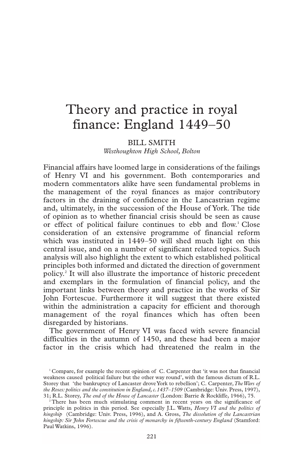 Theory and Practice in Royal Finance: England 1449–50 BILL SMITH Westhoughton High School,Bolton