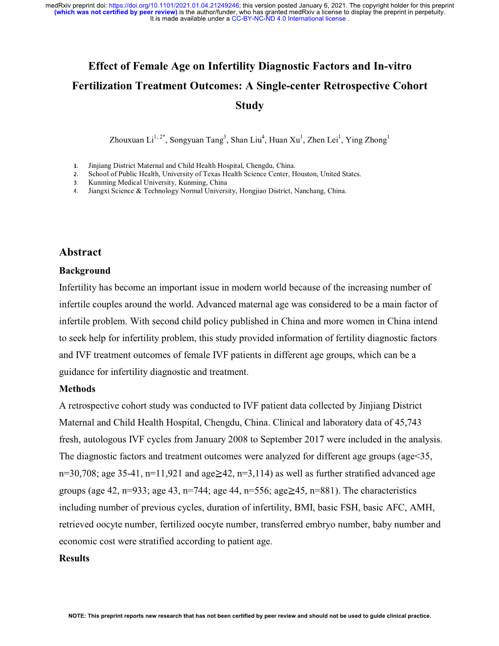 Effect of Female Age on Infertility Diagnostic Factors and In-Vitro Fertilization Treatment Outcomes: a Single-Center Retrospective Cohort Study