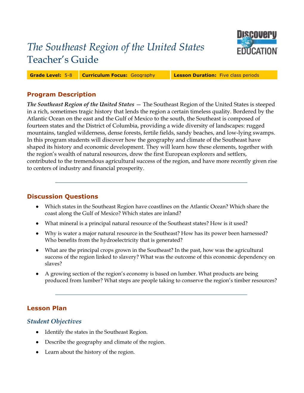 The Southeast Region of the United States Teacher’S Guide