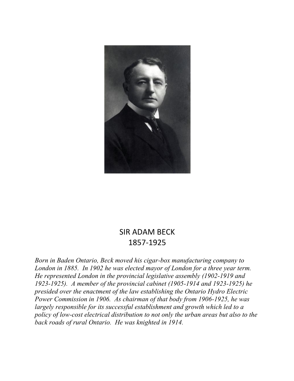 Sir Adam Beck 1857-1925