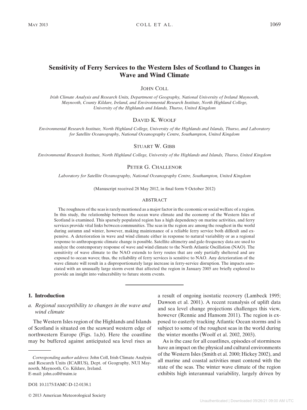 Sensitivity of Ferry Services to the Western Isles of Scotland to Changes in Wave and Wind Climate