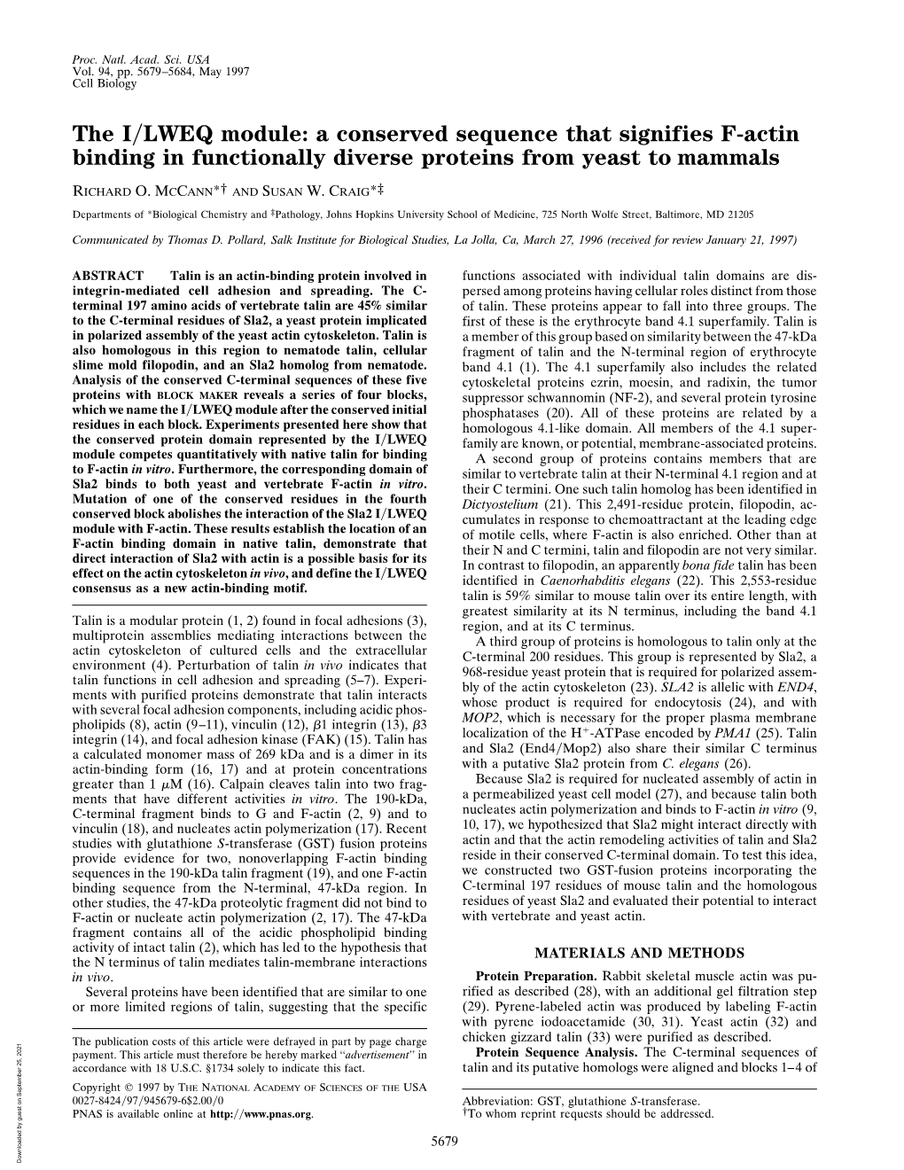 A Conserved Sequence That Signifies F-Actin Binding in Functionally Diverse Proteins from Yeast to Mammals