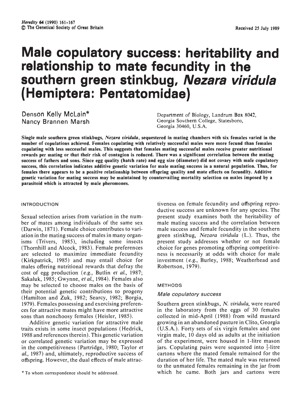 Relationship to Mate Fecundity in the Southern Green Stinkbug, Nezaraviridula (Hemiptera: Pentatomidae)