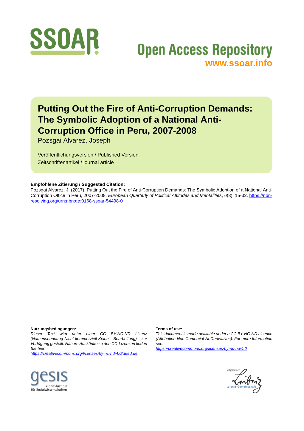 The Symbolic Adoption of a National Anti- Corruption Office in Peru, 2007-2008 Pozsgai Alvarez, Joseph