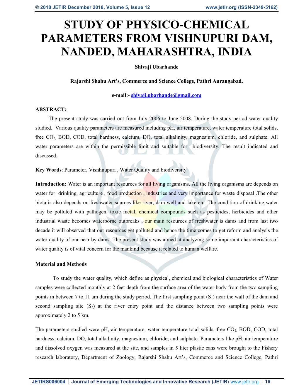 Study of Physico-Chemical Parameters from Vishnupuri Dam, Nanded, Maharashtra, India