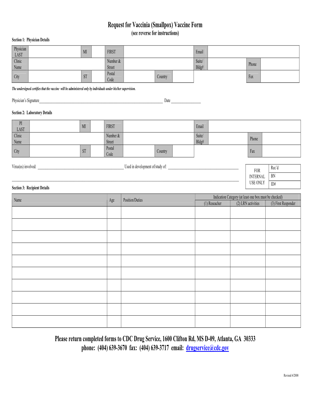 Request for Vaccinia (Smallpox) Vaccine Form