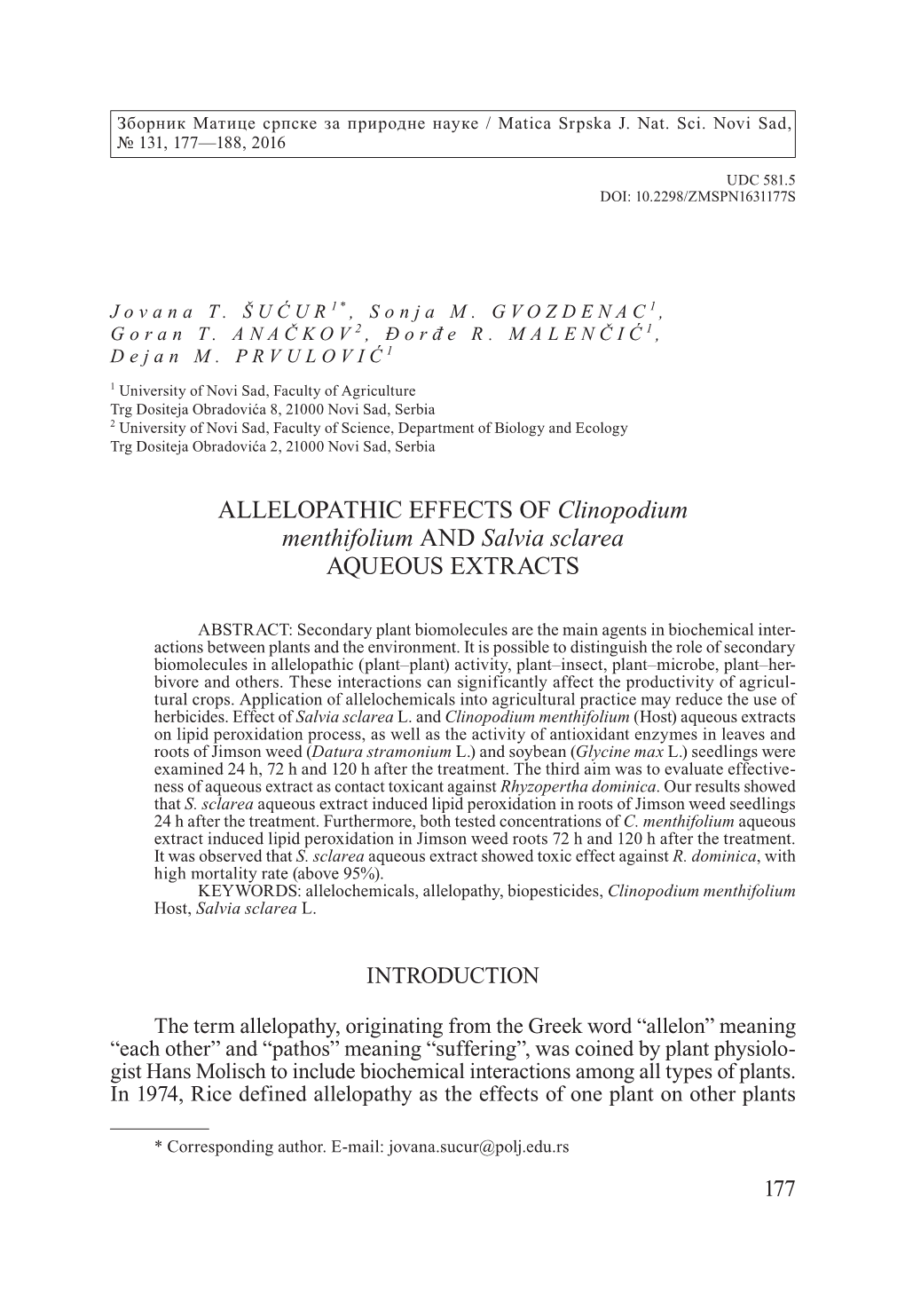 ALLELOPATHIC EFFECTS of Clinopodium Menthifolium and Salvia Sclarea AQUEOUS EXTRACTS