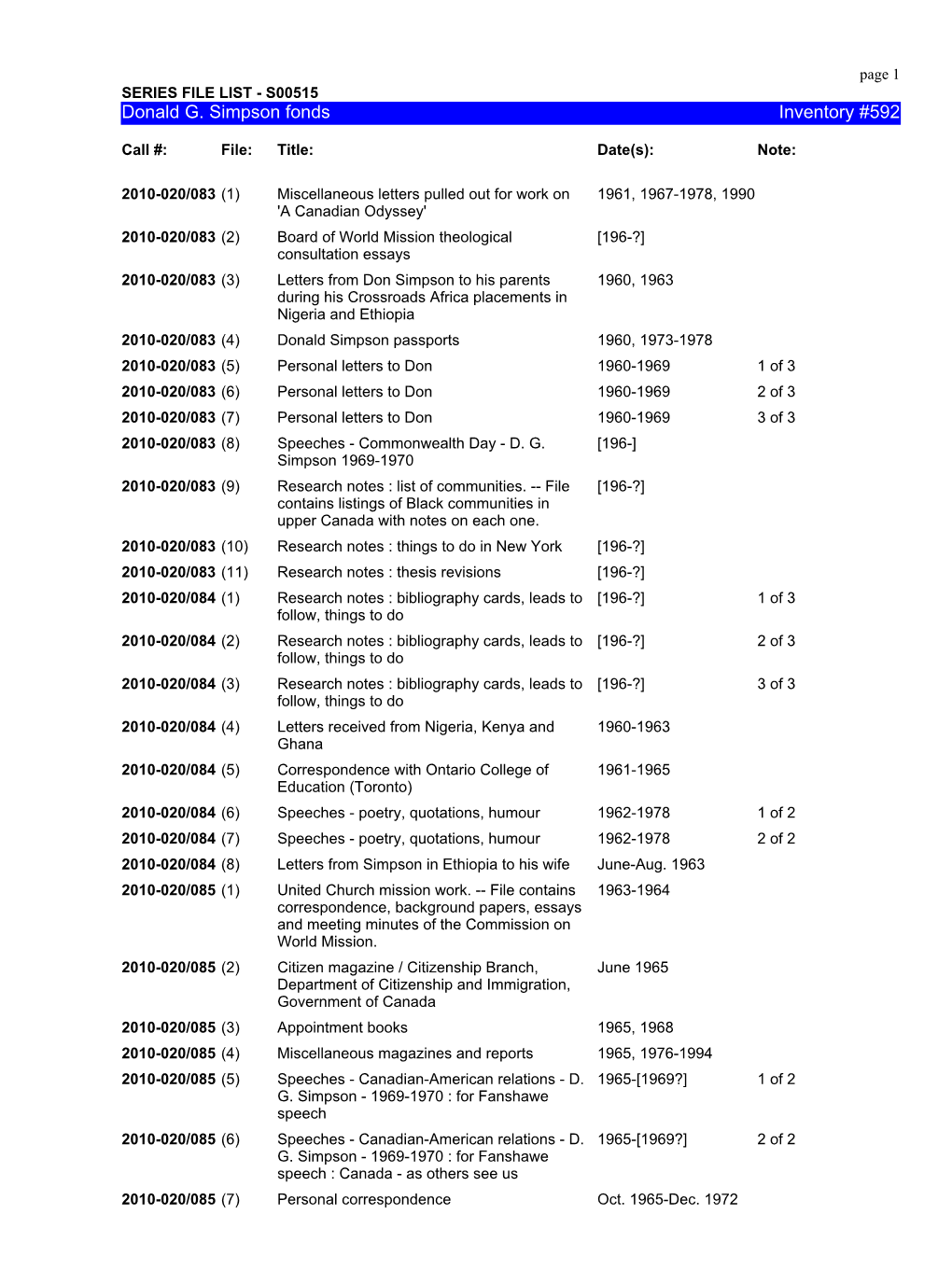 Donald G. Simpson Fonds Inventory #592