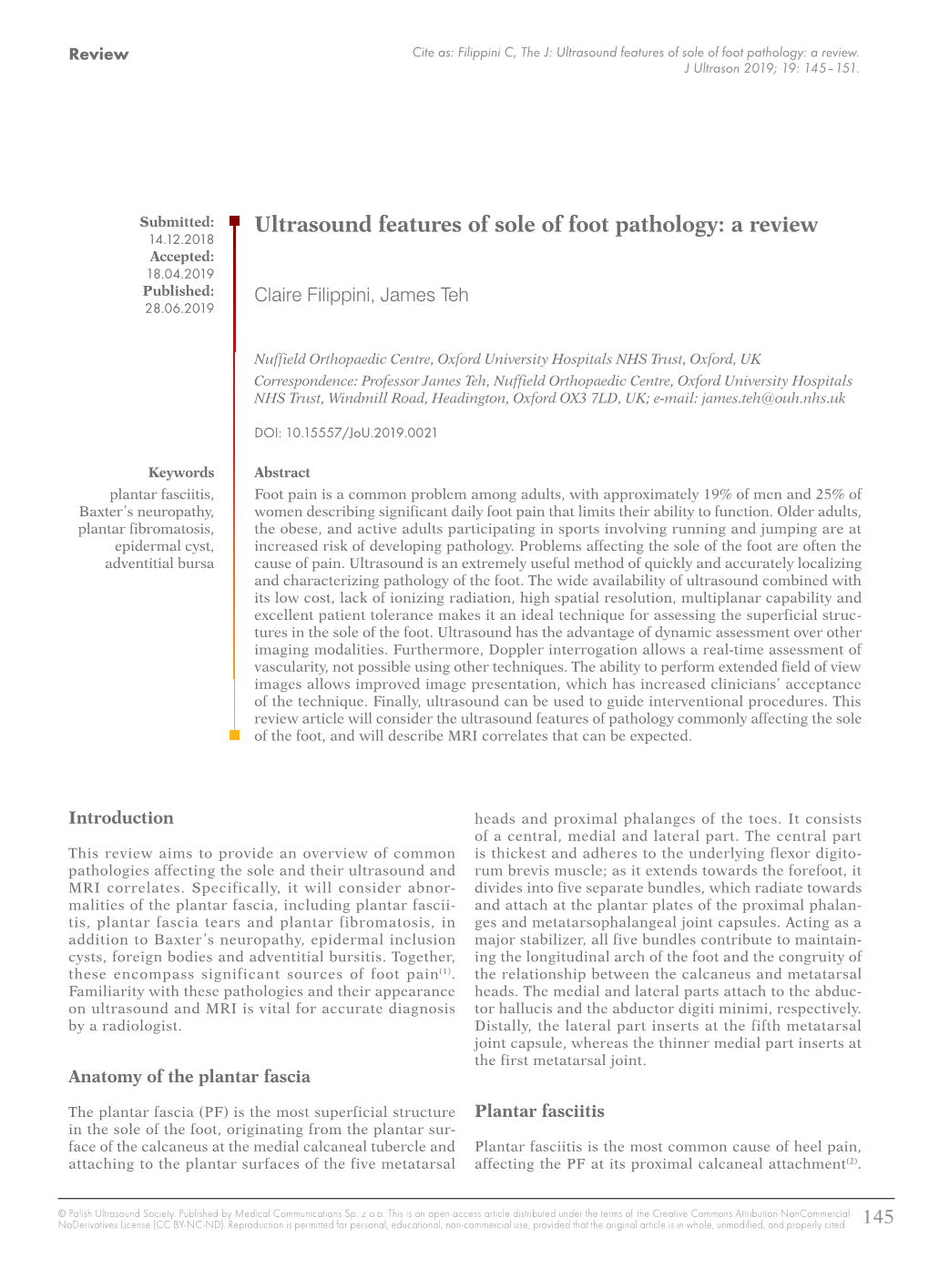 Ultrasound Features of Sole of Foot Pathology: a Review