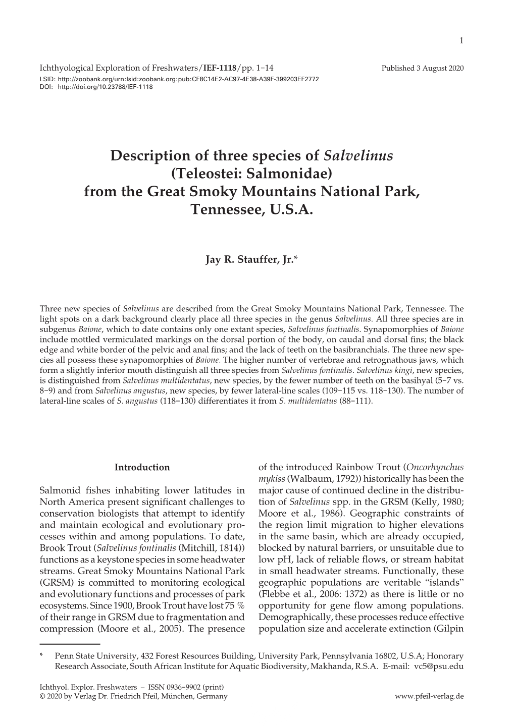 Description of Three Species of Salvelinus (Teleostei: Salmonidae) from the Great Smoky Mountains National Park, Tennessee, U.S.A