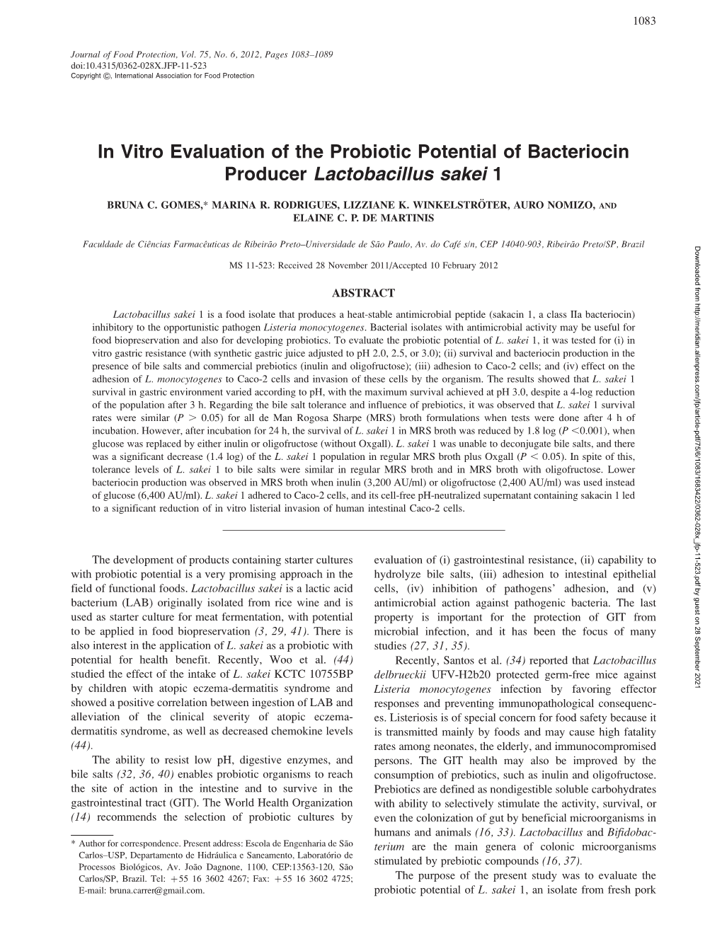 In Vitro Evaluation of the Probiotic Potential of Bacteriocin Producer Lactobacillus Sakei 1