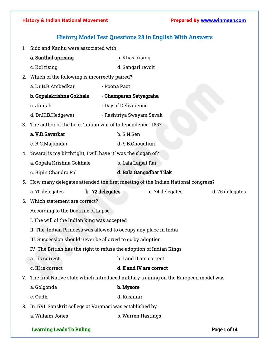 History Model Test Questions 28 in English with Answers