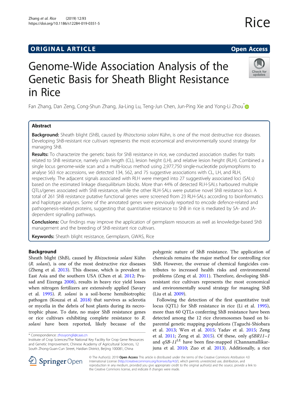 Genome-Wide Association Analysis of the Genetic Basis for Sheath Blight Resistance in Rice