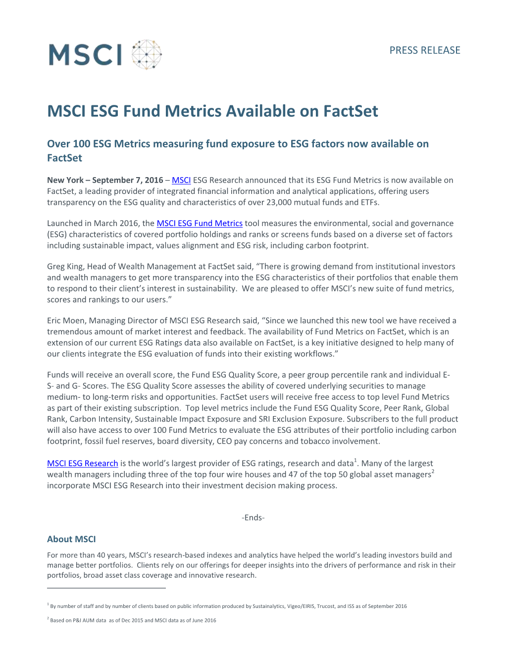 MSCI ESG Fund Metrics Available on Factset