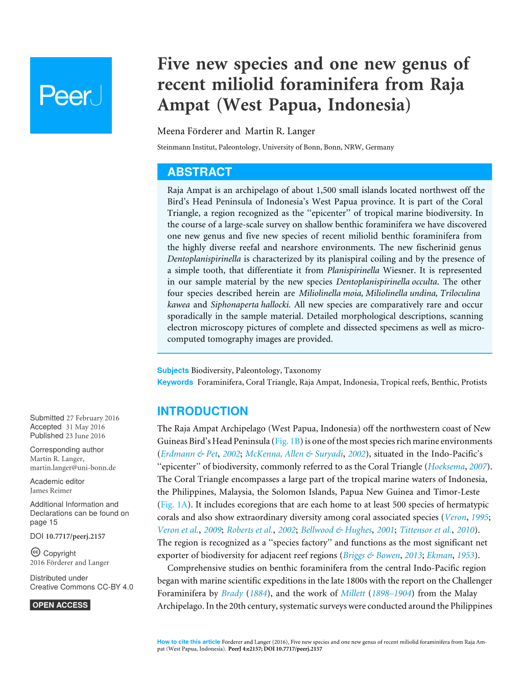 Five New Species and One New Genus of Recent Miliolid Foraminifera from Raja Ampat (West Papua, Indonesia)