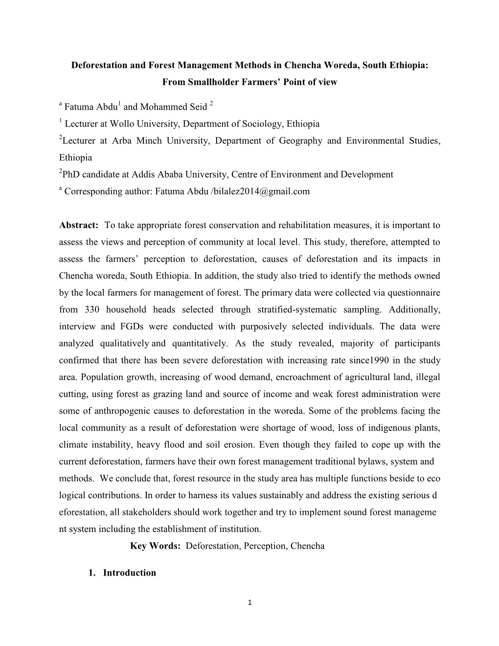 Deforestation and Forest Management Methods in Chencha Woreda