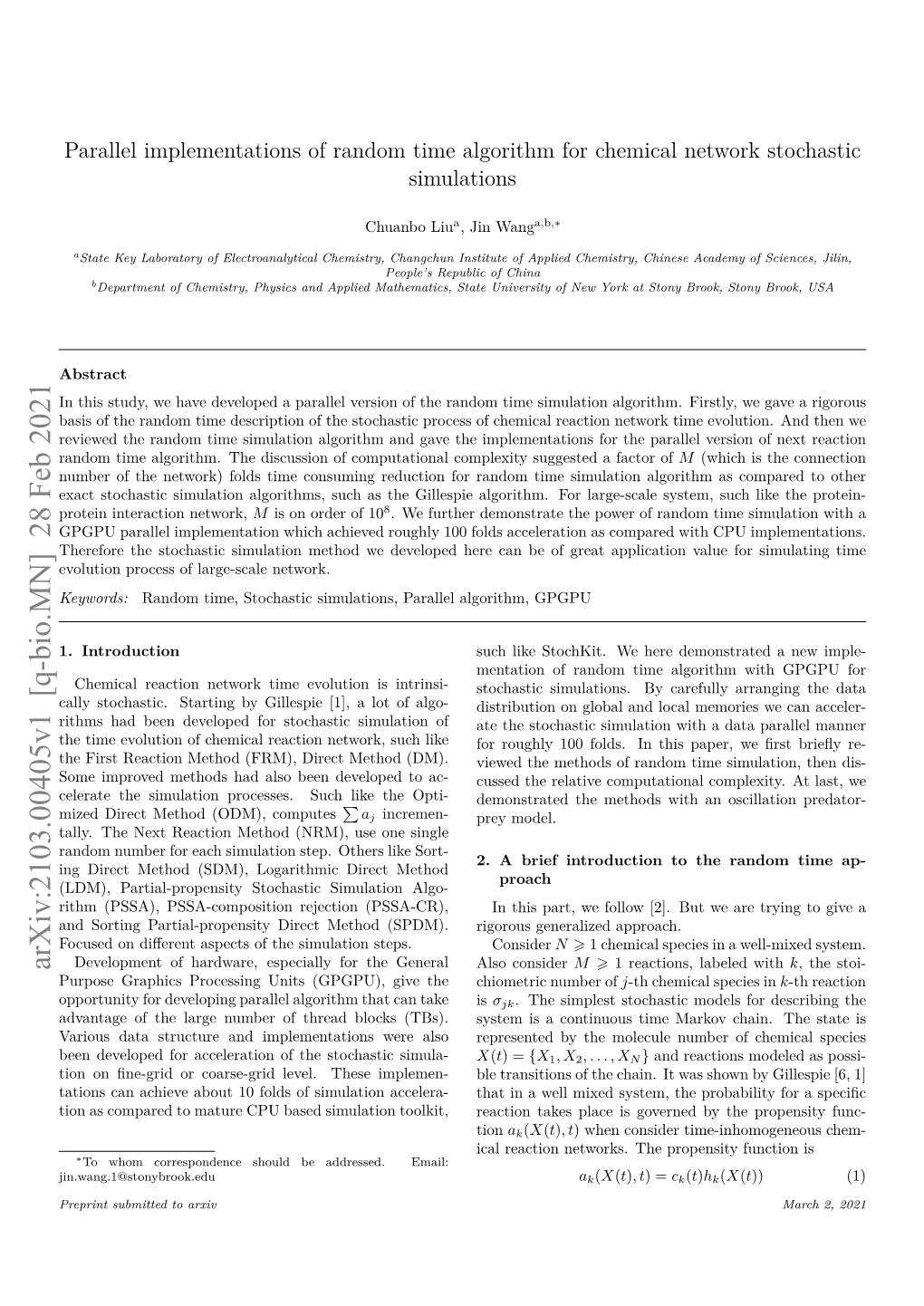 Parallel Implementations of Random Time Algorithm for Chemical Network Stochastic Simulations