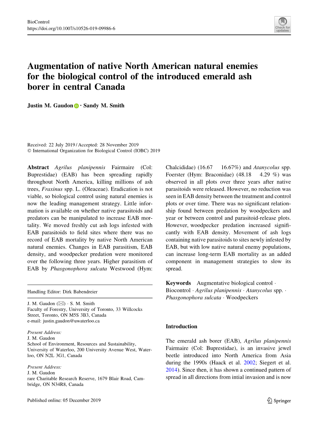 Augmentation of Native North American Natural Enemies for the Biological Control of the Introduced Emerald Ash Borer in Central Canada