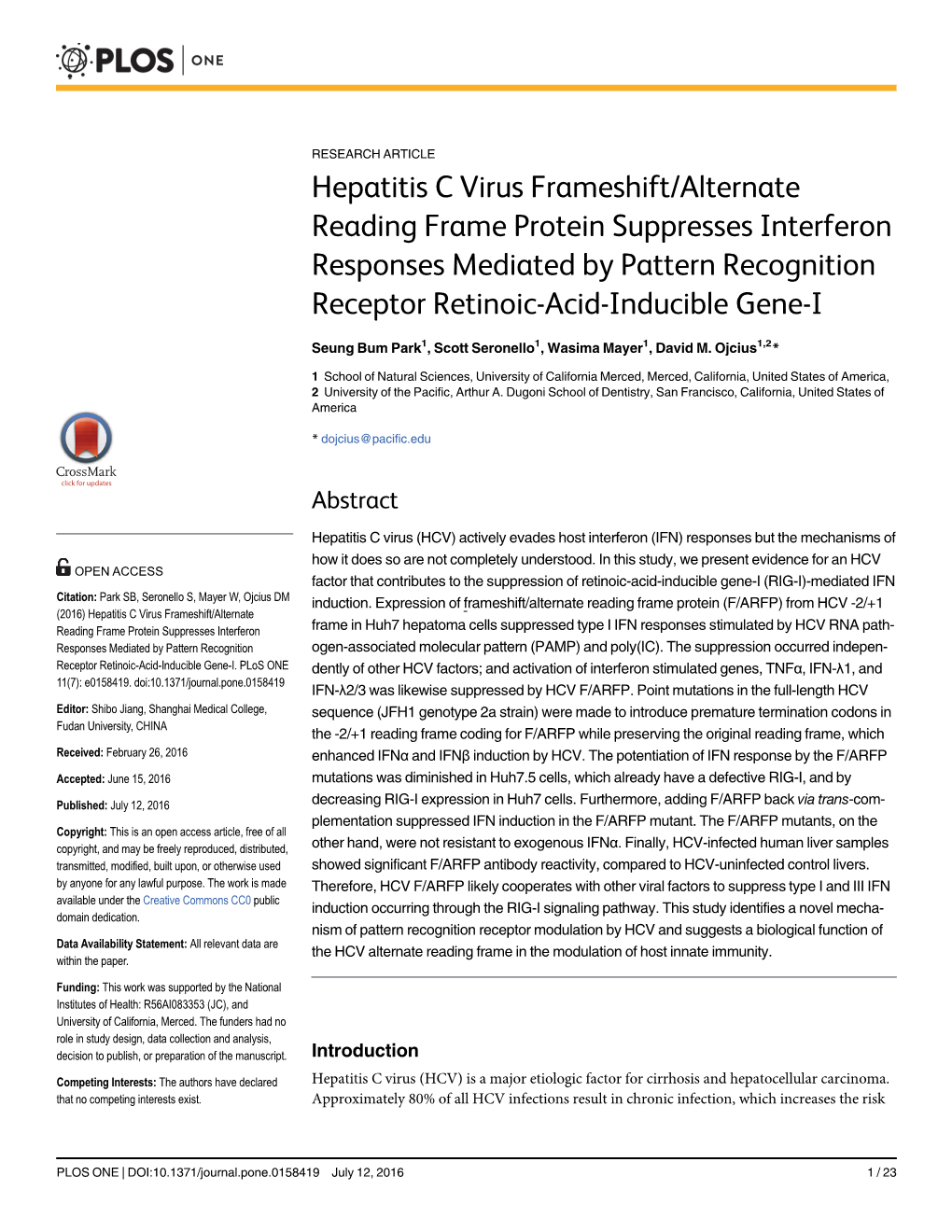 Hepatitis C Virus Frameshift/Alternate Reading Frame Protein Suppresses Interferon Responses Mediated by Pattern Recognition Receptor Retinoic-Acid-Inducible Gene-I