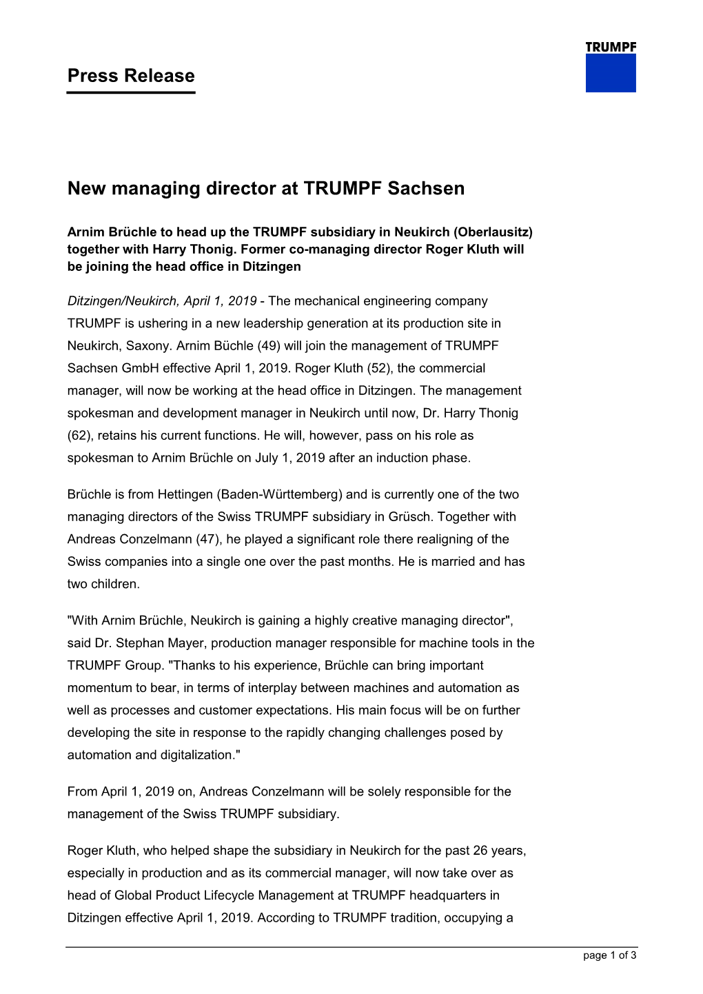 Press Release New Managing Director at TRUMPF Sachsen
