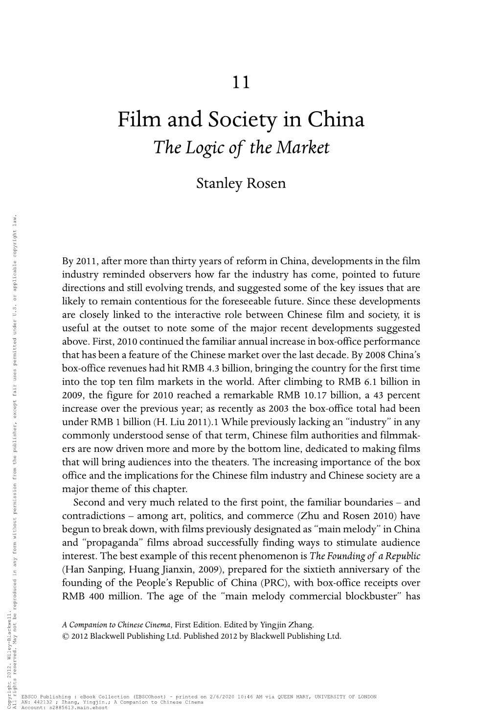 Film and Society in China the Logic of the Market