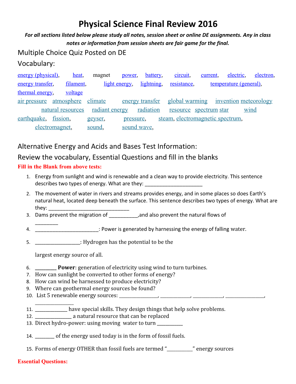 Physical Science Final Review 2016