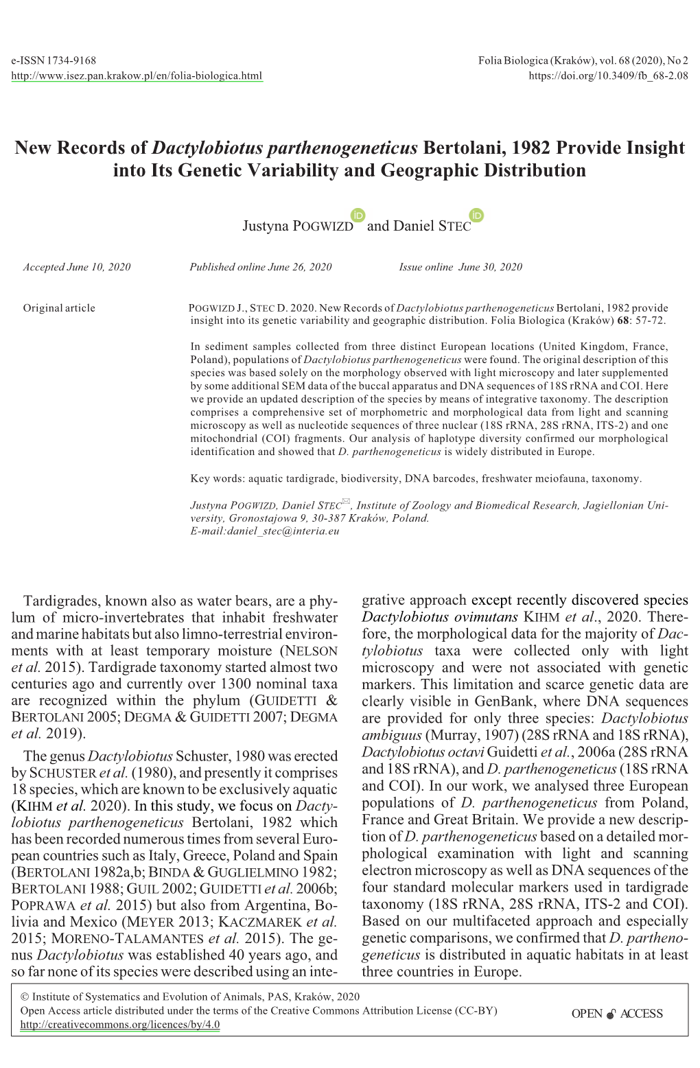 Bertolani, 1982 Provide Insight Into Its Genetic Variability and Geographic Distribution