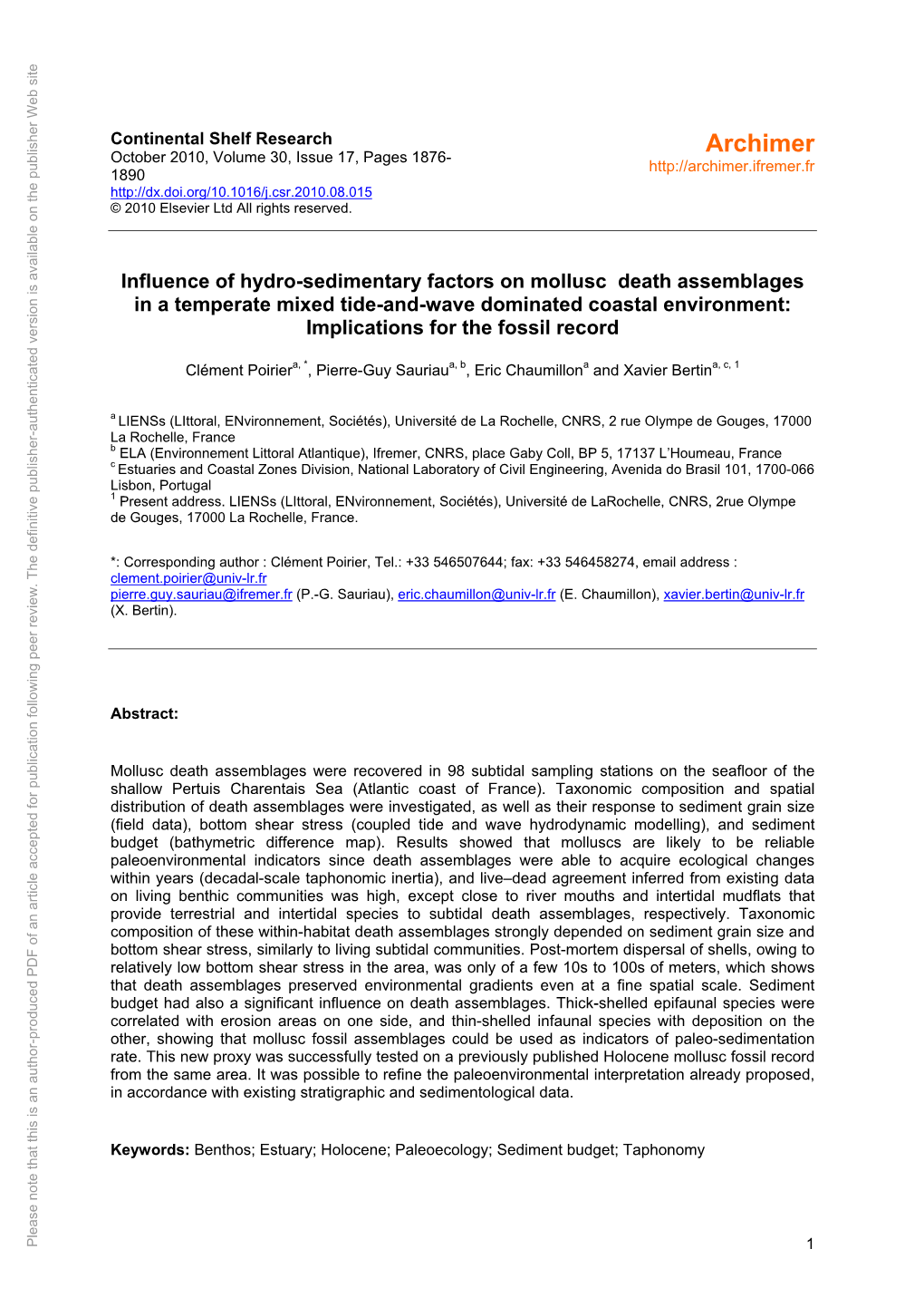 Influence of Hydro-Sedimentary Factors on Mollusc Death Assemblages in A