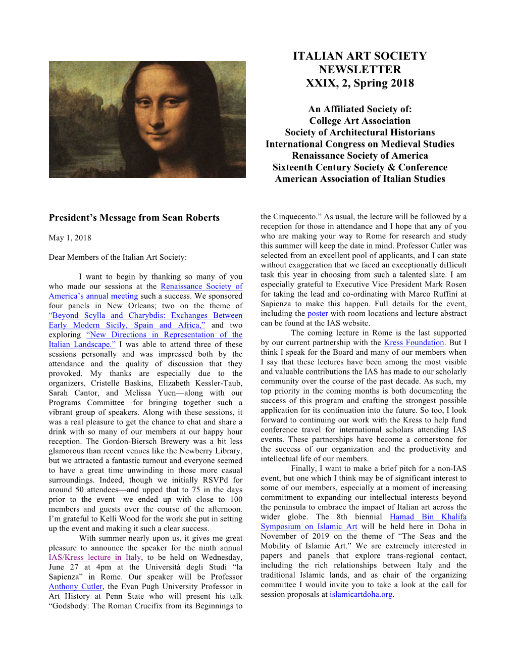 ITALIAN ART SOCIETY NEWSLETTER XXIX, 2, Spring 2018