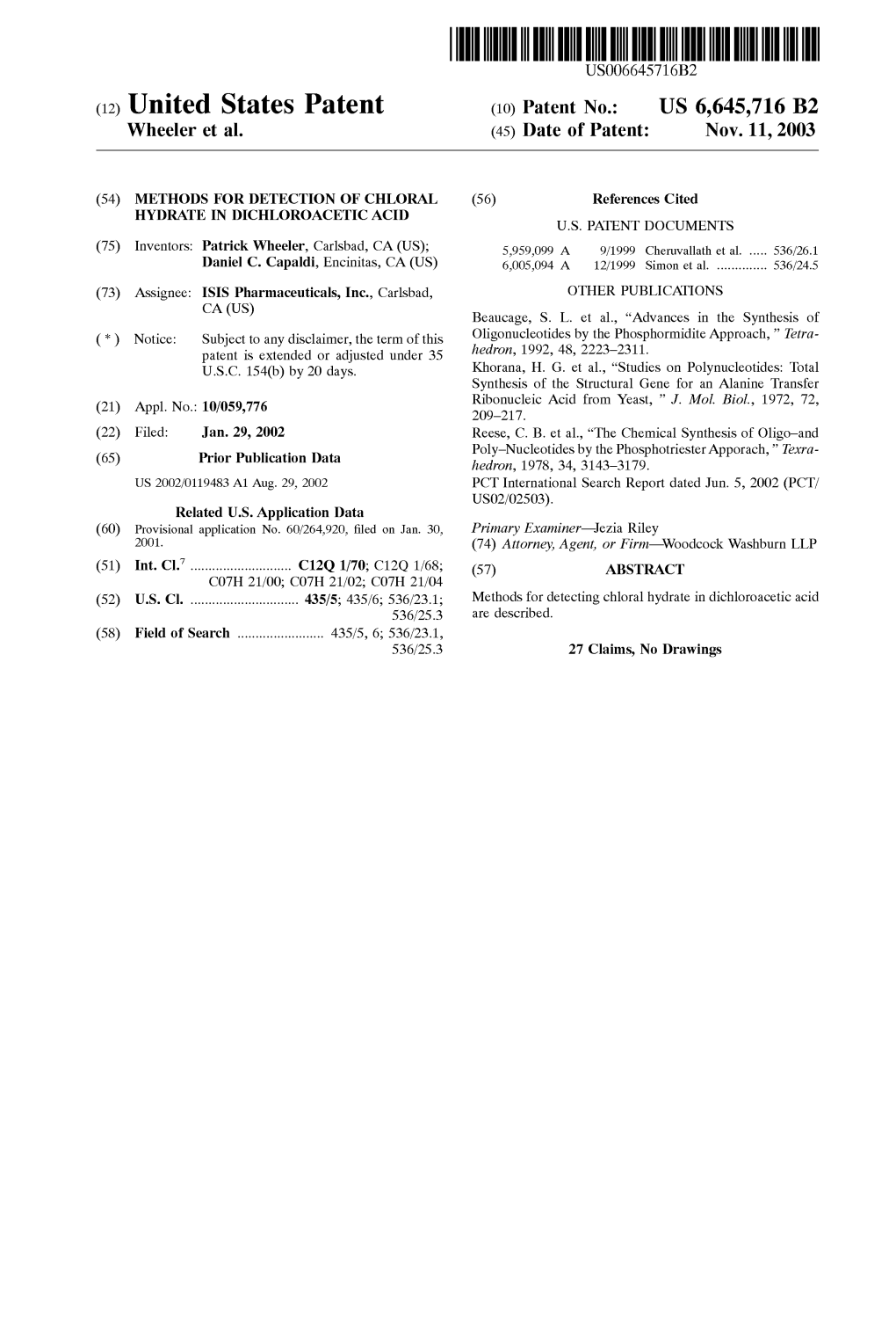 (12) United States Patent (10) Patent No.: US 6,645,716 B2 Wheeler Et Al