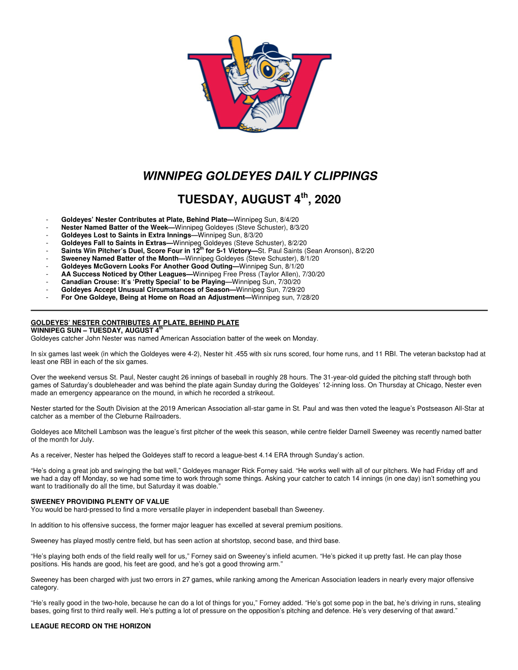 Winnipeg Goldeyes Daily Clippings Tuesday, August 4