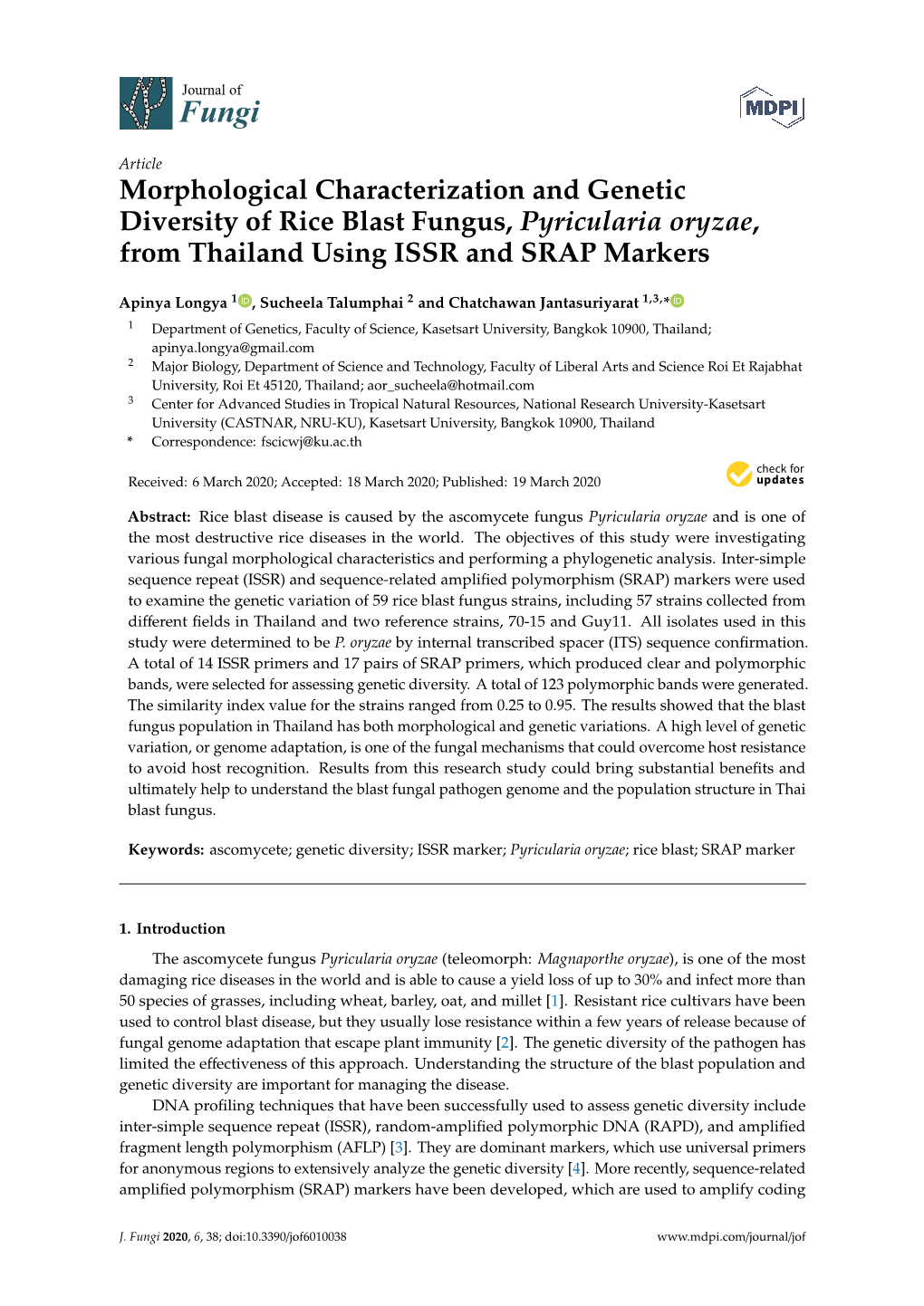 Morphological Characterization and Genetic Diversity of Rice Blast Fungus, Pyricularia Oryzae, from Thailand Using ISSR and SRAP Markers