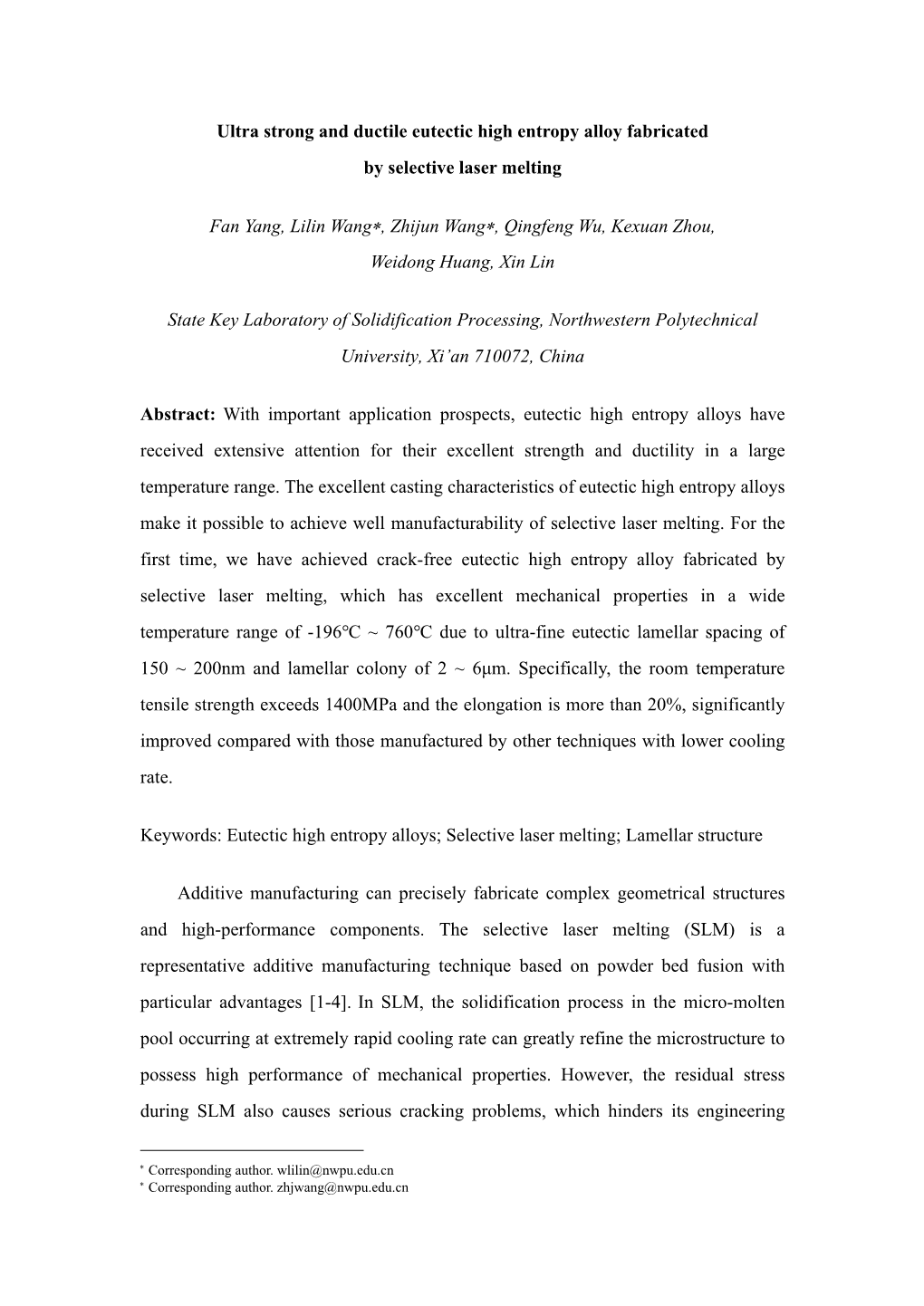 Ultra Strong and Ductile Eutectic High Entropy Alloy Fabricated by Selective Laser Melting