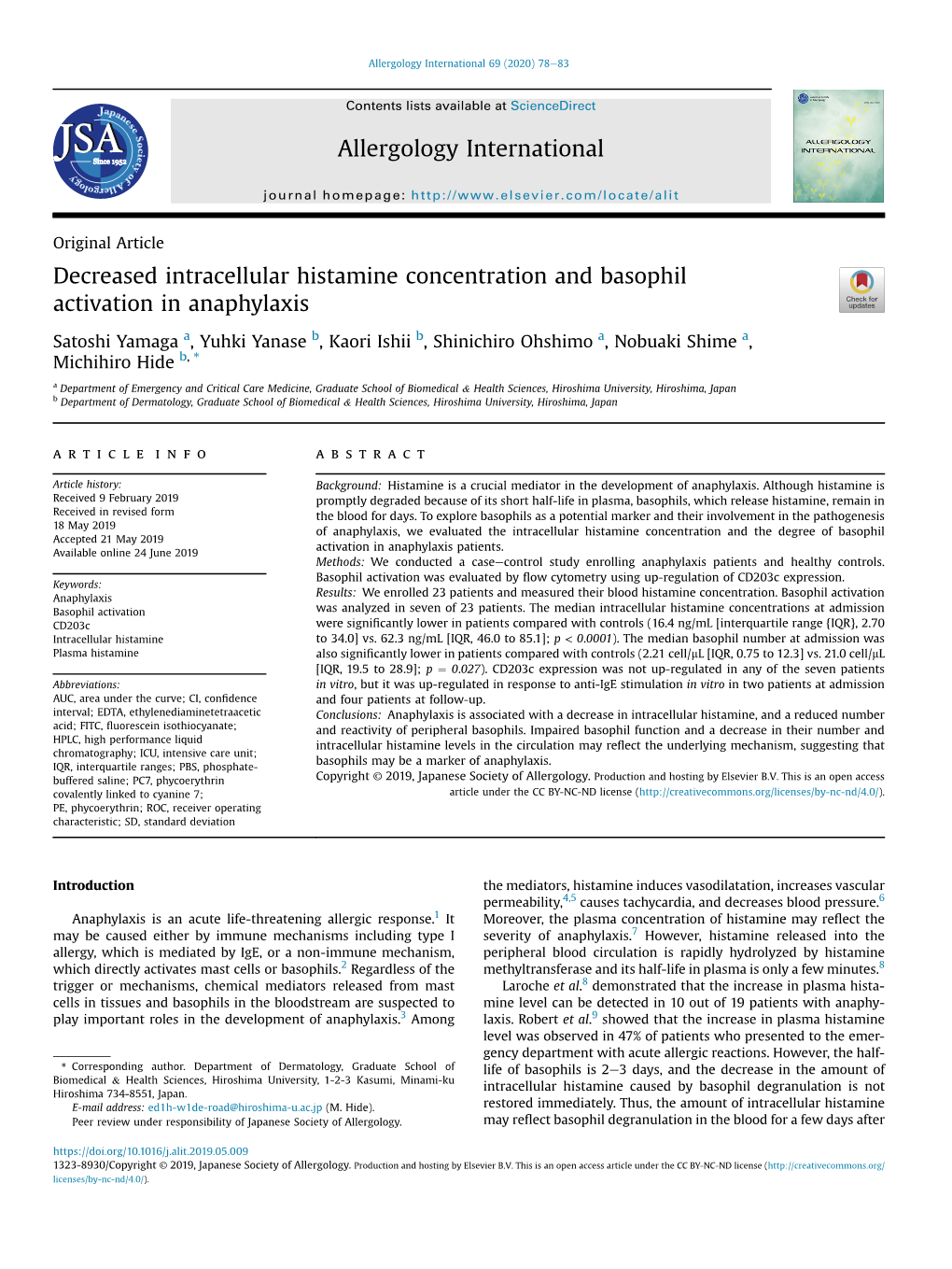 Decreased Intracellular Histamine Concentration and Basophil Activation in Anaphylaxis