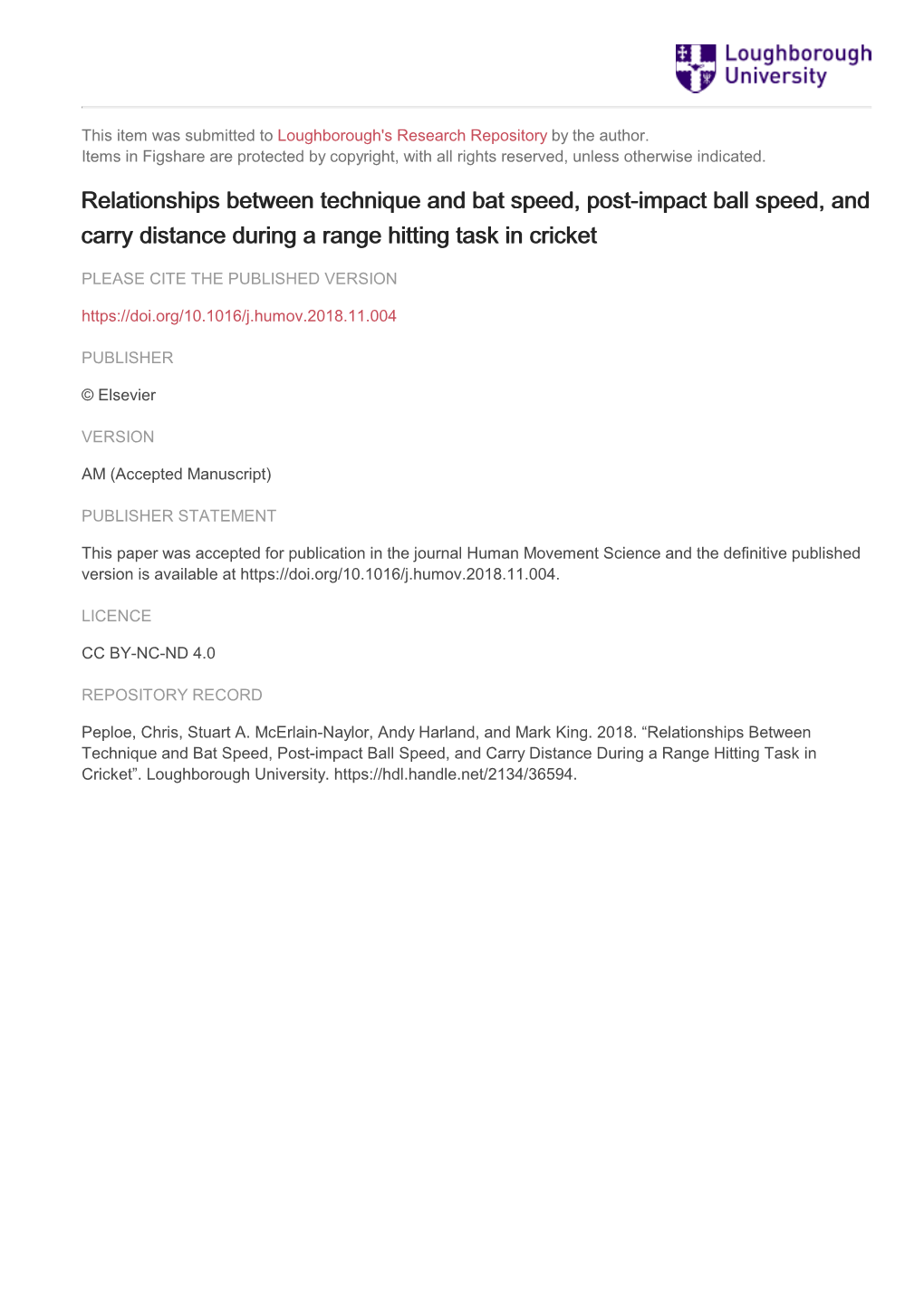 Relationships Between Technique and Bat Speed, Post-Impact Ball Speed, and Carry Distance During a Range Hitting Task in Cricket