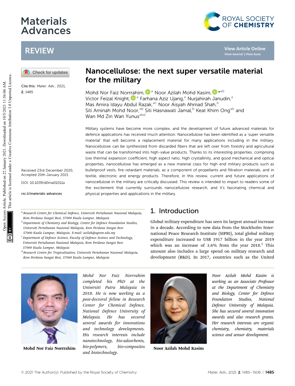 Nanocellulose: the Next Super Versatile Material for the Military Cite This: Mater