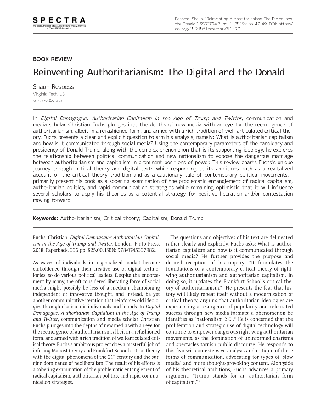 Reinventing Authoritarianism: the Digital and the Donald.” SPECTRA 7, No